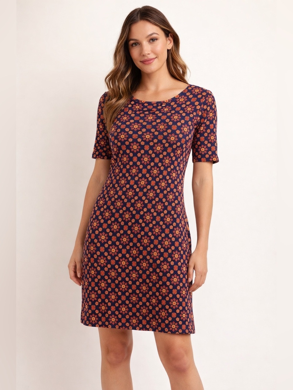 Lularoe Womens Julia Dress in Blue/ Orange/ Mustard Medallion Print Sz M
